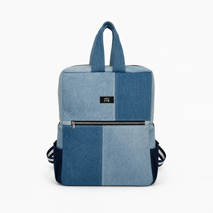 Mosaic Stride Backpack – upcycled denim bag, front view