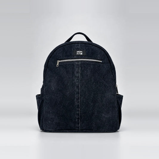Nomad Stride Backpack – upcycled denim bag, front view