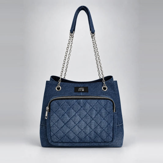 Quilted Drawstring Tote – upcycled denim bag, front view