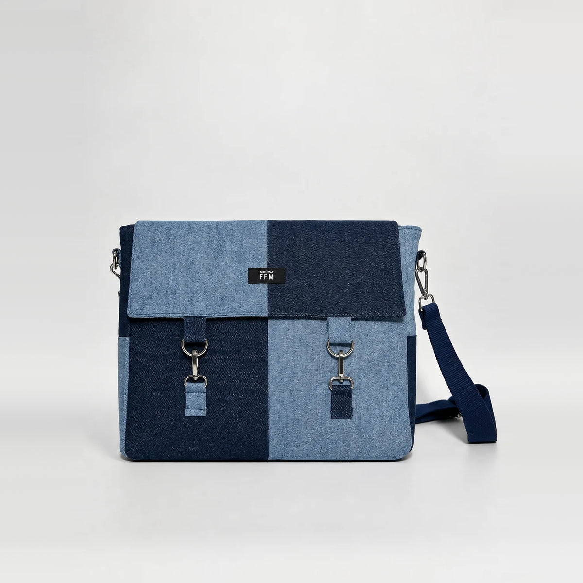Reclaim Checkmate Laptop Bag – upcycled denim bag, front view