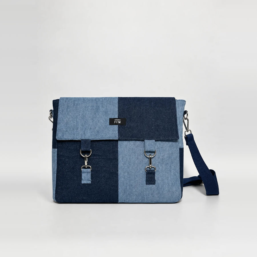 Reclaim Checkmate Laptop Bag – upcycled denim bag, front view