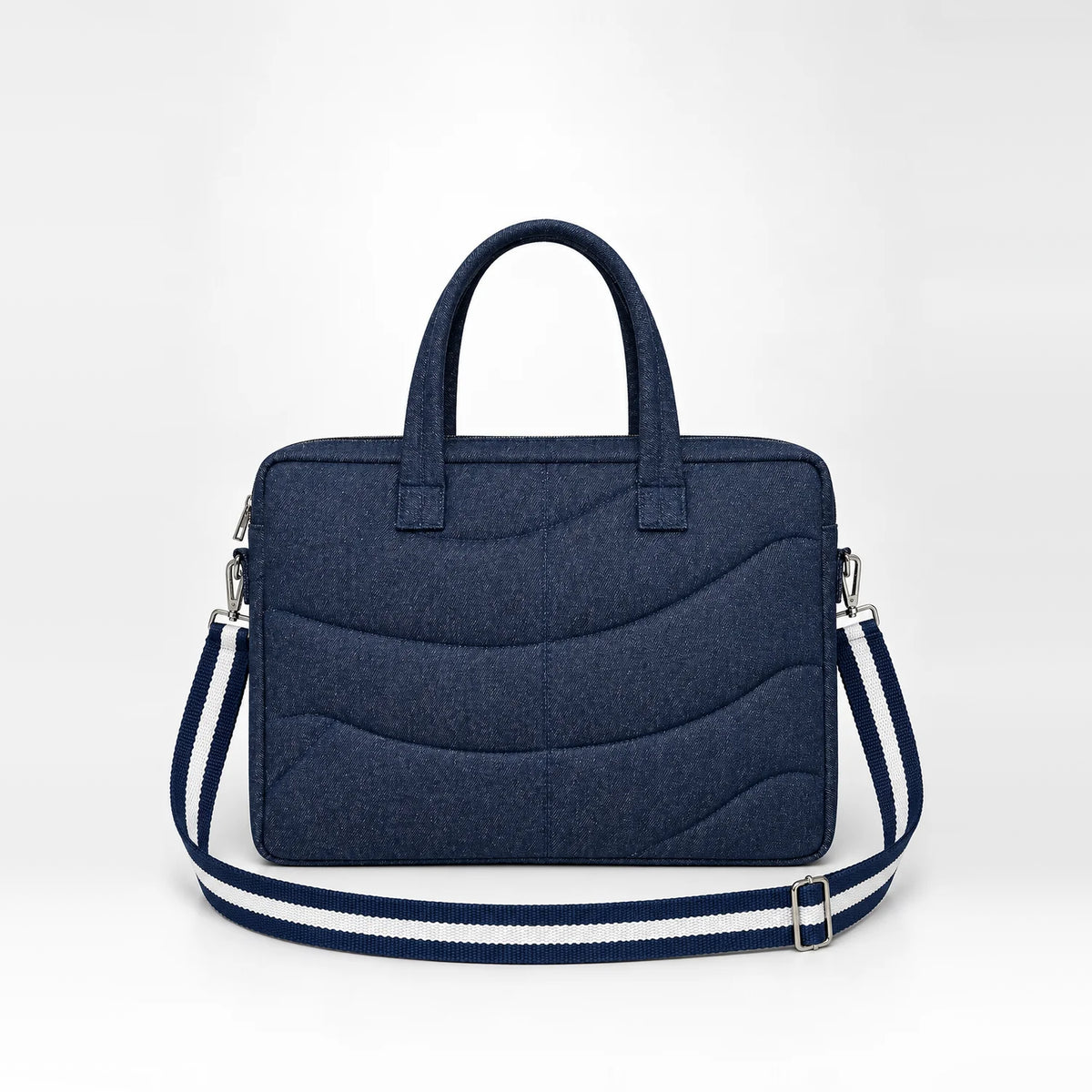 Reclaim Ripple Laptop Bag – upcycled denim bag, front view