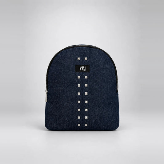 Rivet Stride Mini Backpack – upcycled denim bag, front view