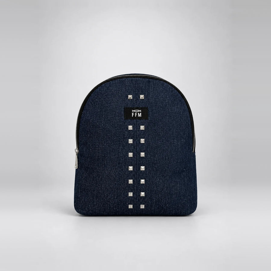 Rivet Stride Mini Backpack – upcycled denim bag, front view