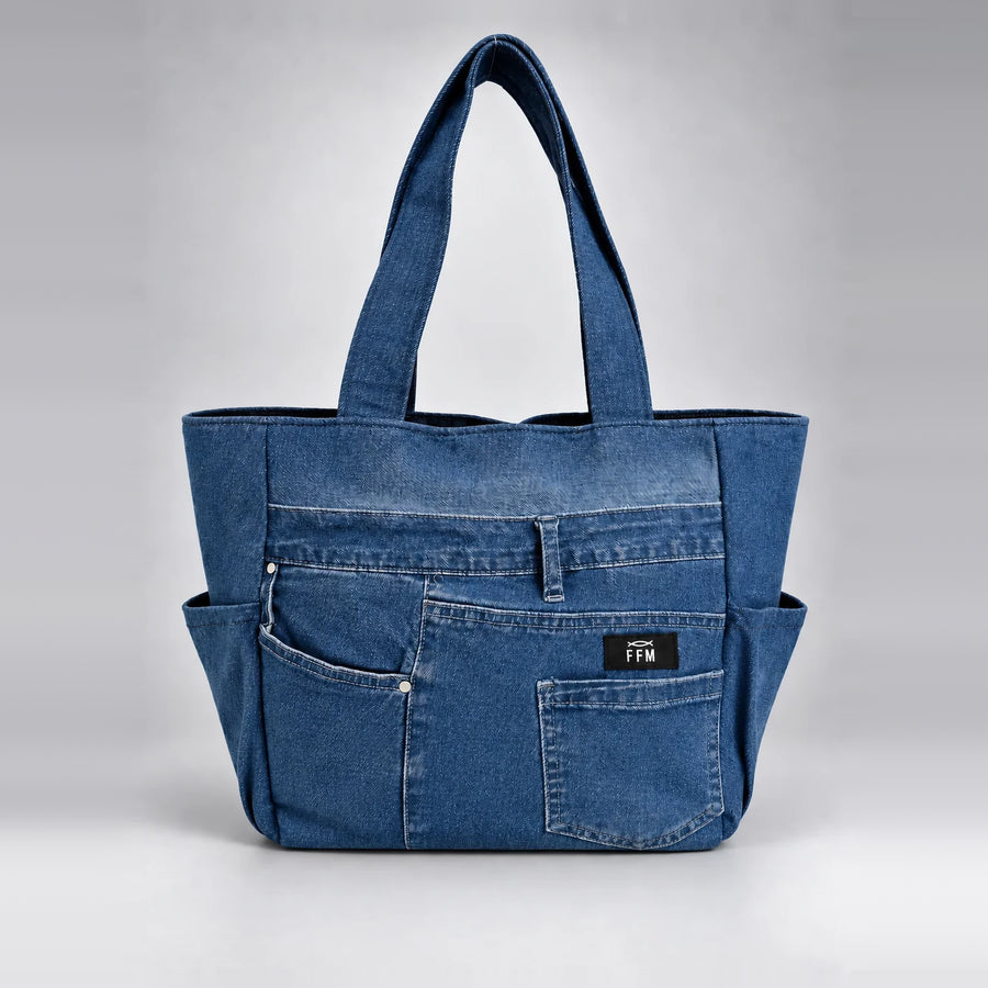 Seamline Meridian Tote – upcycled denim bag, front view