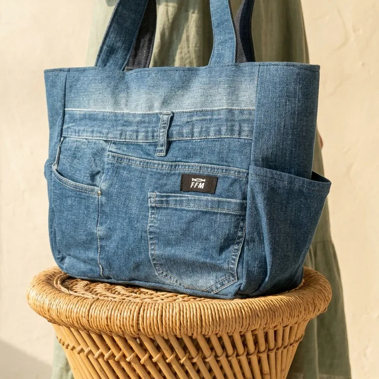 Seamline Meridian tote carried by a model, made from upcycled jeans