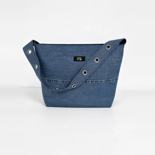 Strap Stud Tote – upcycled denim bag, front view