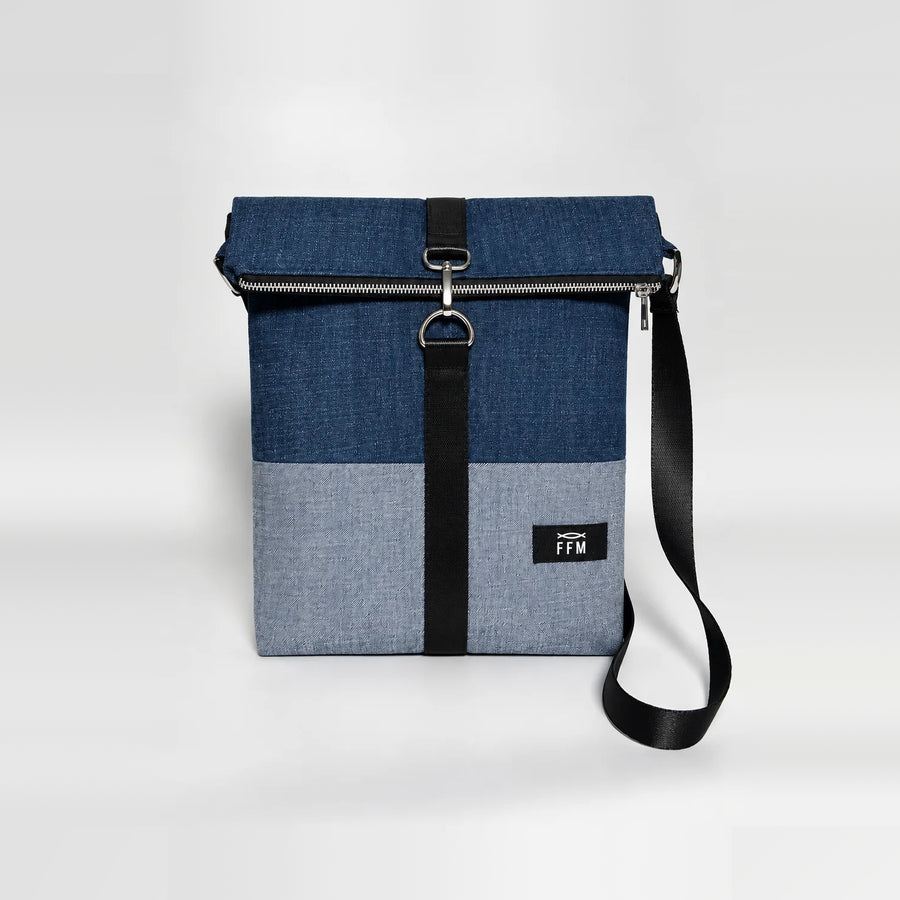 Terra Fold Messenger Sling – upcycled denim bag, front view