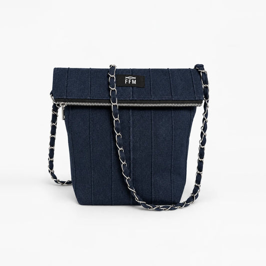 Terra Pleat Sling – upcycled denim bag, front view