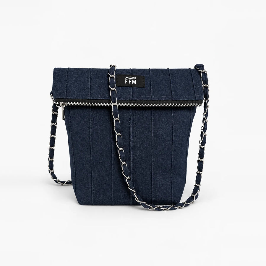 Terra Pleat Sling – upcycled denim bag, front view